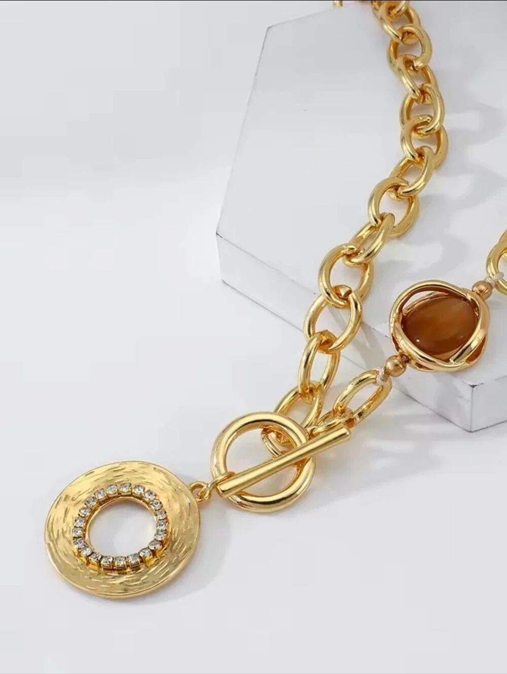 Gold-Tone Chain Necklace with Amber Accent